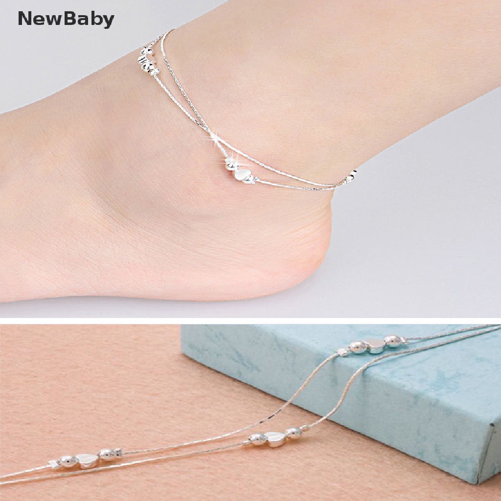 Newbaby Gelang Kaki Rantai Lapis Silver 925 Aksen Hati Untuk Wanitapantai