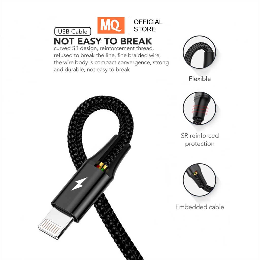 MQ Max 3A Lightning/ Android Kabel Data USB 3 in 1 Fast Charger iOS + Micro USB + Type C Quick Chargre 1.2M Nylon Braided