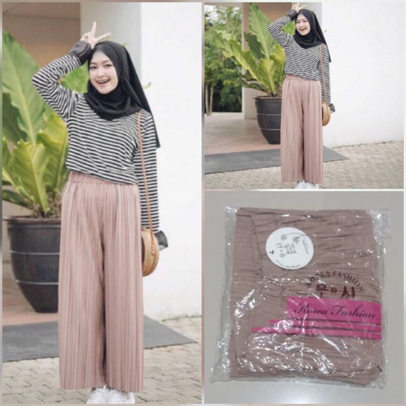 Celana kotak suede twill lilac Kulot scuba belt Kulot Plisket import YUeShi Premium kora fashion