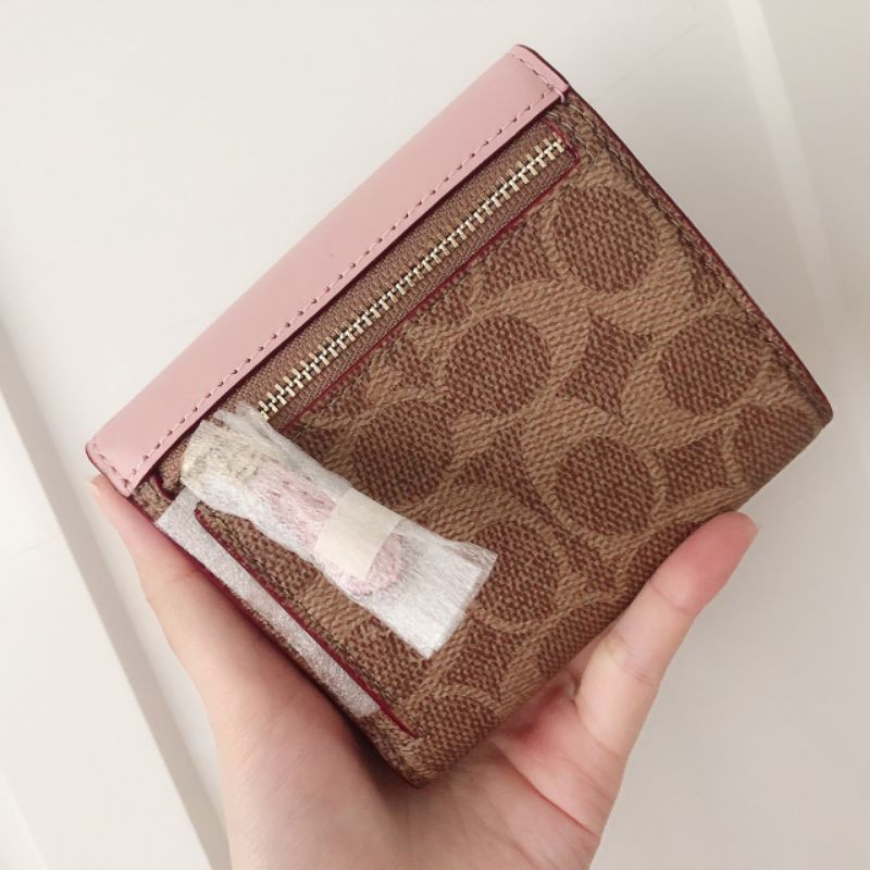 Coach Small Wallet In Signature Canvas With Floral Bow Brown Pink Signature(67246)