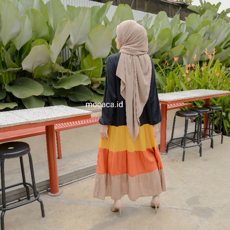 midi dress campur warna rainbow hitam kuning orens coksu cream busui friendly ootd update 2021sleting wudhu lengan karet