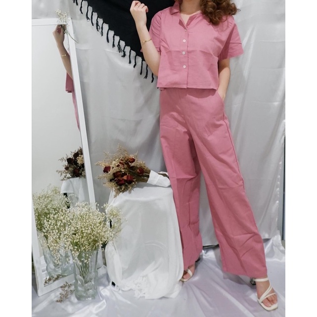 FEL ONE SET / SETELAN LINEN / SETELAN CROP TOP + KULOT HIGH WAIST / SETELAN POLOS / iweardazzle