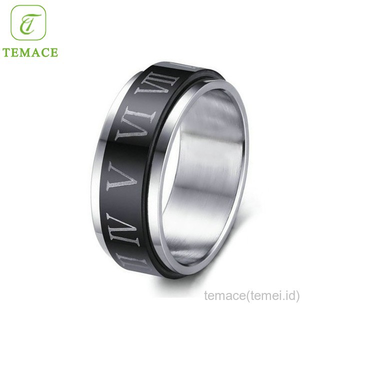 TEMACE Cincin Tauhid Angka Romawi Balik Cincin Lapis Rotatable Baja Perhiasan Laki-Laki Hitam 8MM