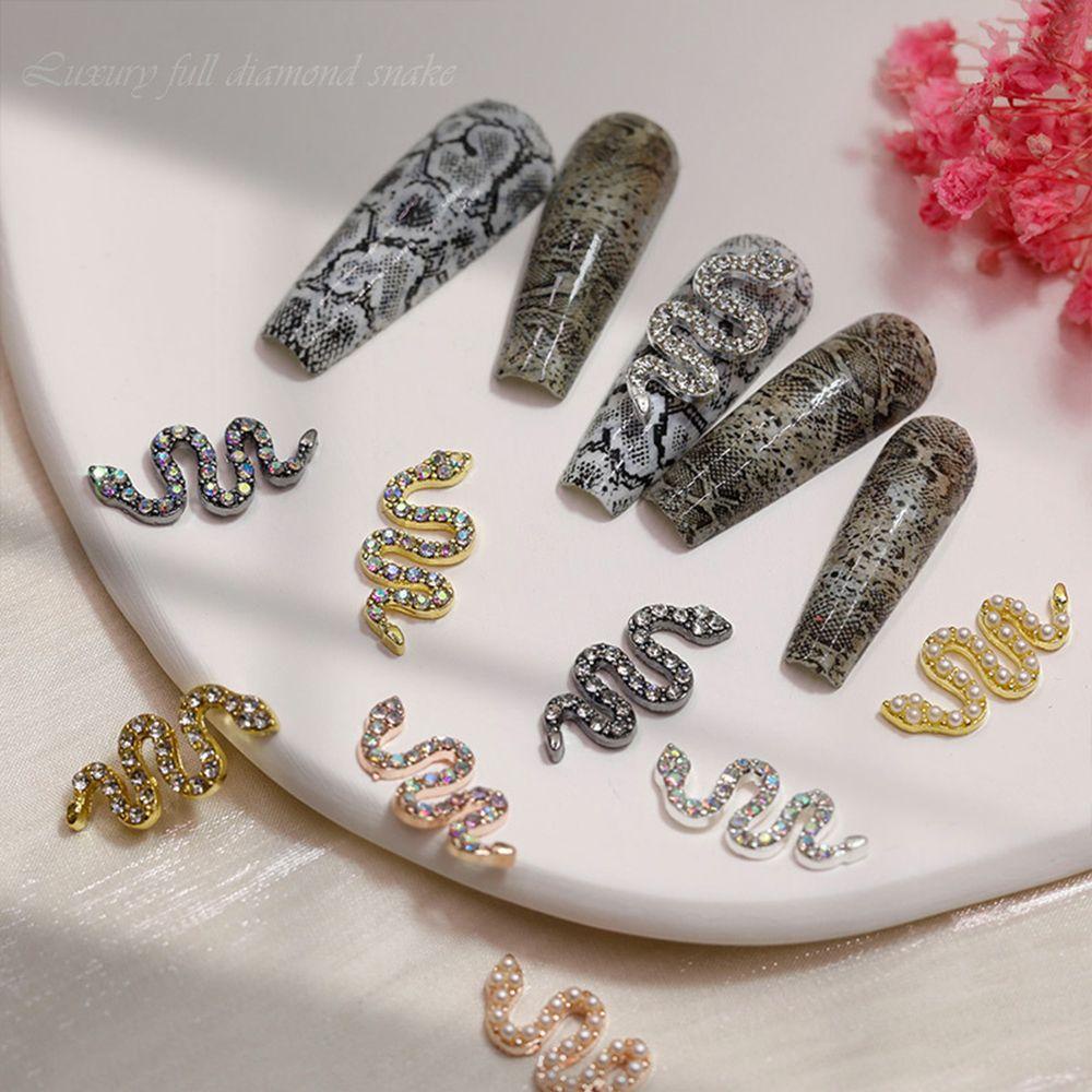 AUGUSTINA Agustina Snake Nail Art Berlian Imitasi Logam Alloy Mutiara Bentuk Ular Glitter Penuh Berlian Pesona DIY Nail Art Perhiasan