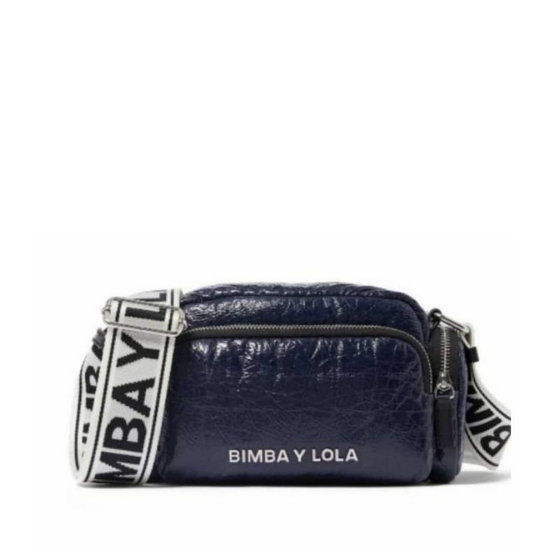 Tas Bimba Y Lola Pocket Crossbody Navy Leather - White Strap Logo Original
