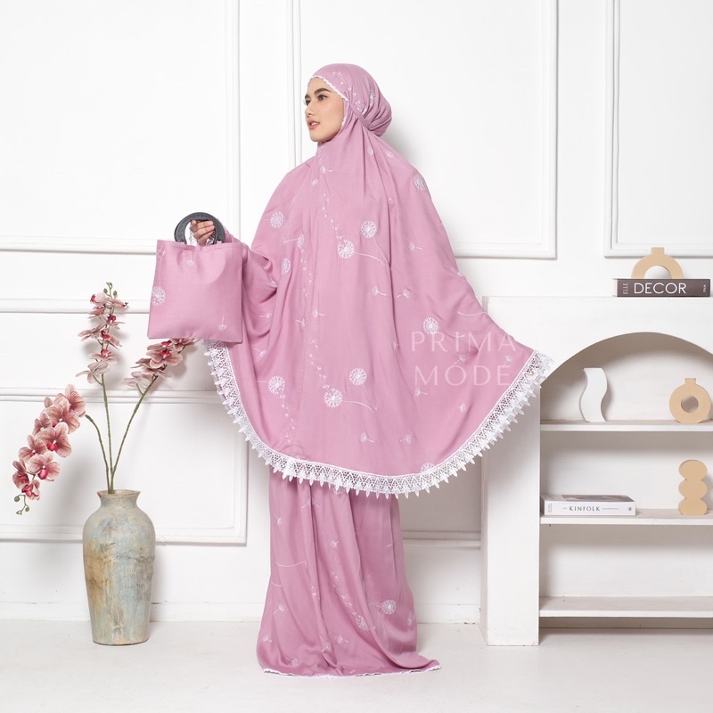 Mukena Dewasa Dandelion Rayon full bordir putih renda mewah premium