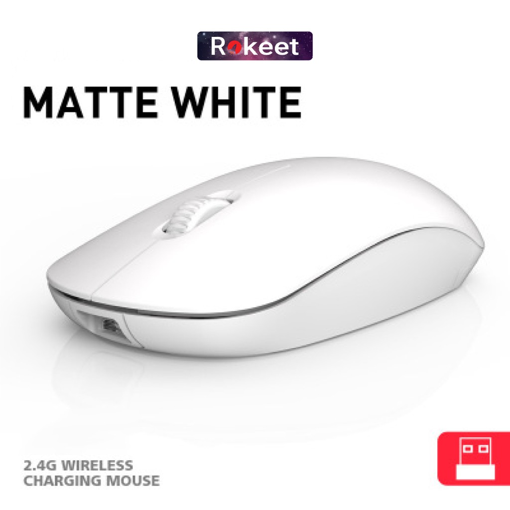Rokeet Mouse Wireless Silent Click Rechargeable Optical Mouse Gaming 2.4Ghz-Putih