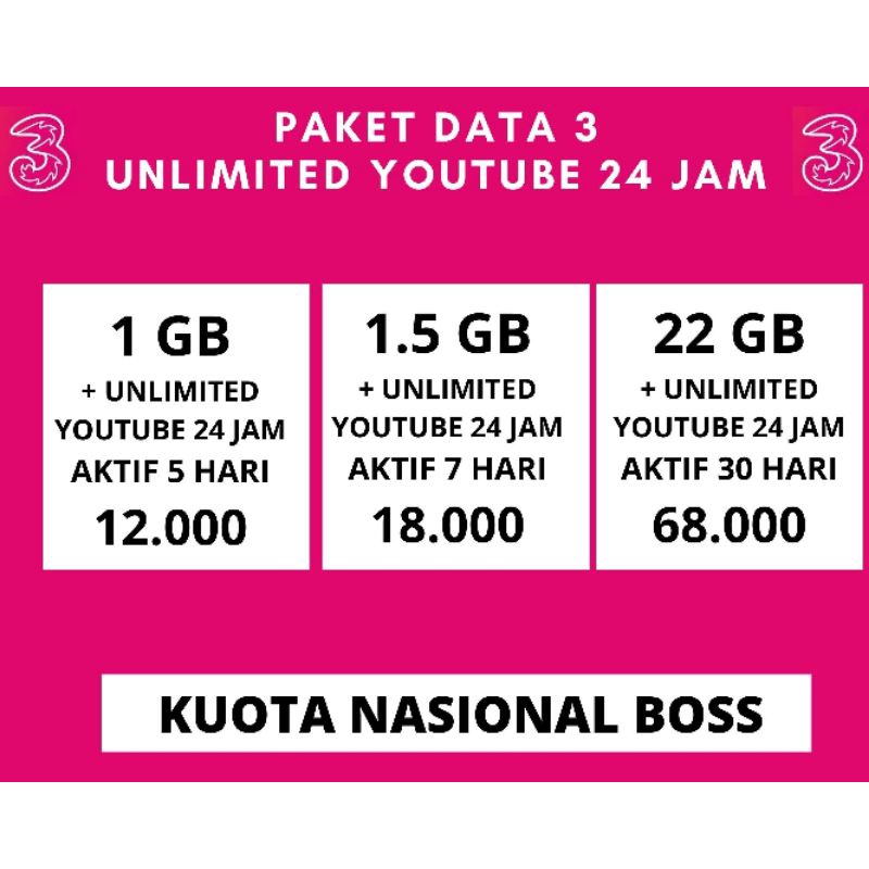 Paket data internet 3 tri unlimited Youtube 24 Jam, masuk kilat Kuota Nasional