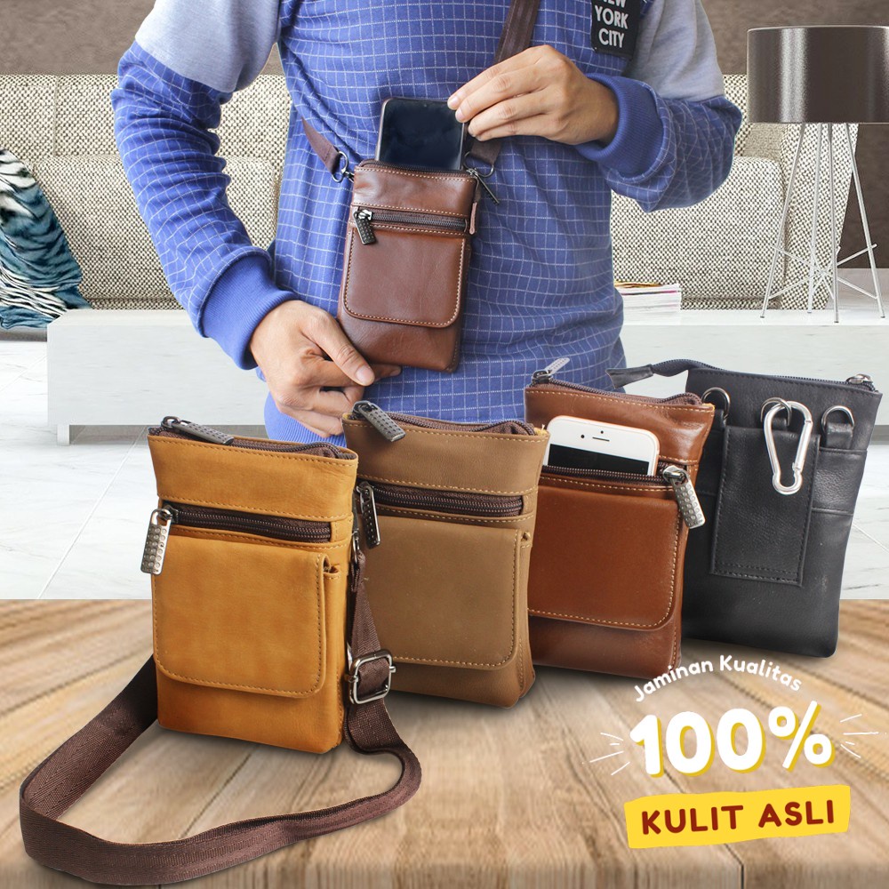 Tas Pinggang Pria WAIST BAG Double Triple = Gantung + Tas Pinggang gadget HP KULIT SAPI ASLI P041 Kk