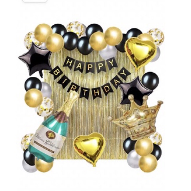 ExtraWrap (CCA) Paket Balon Banner Happy Birthday Lengkap Botol dan mahkota Hitam gold +free Cake