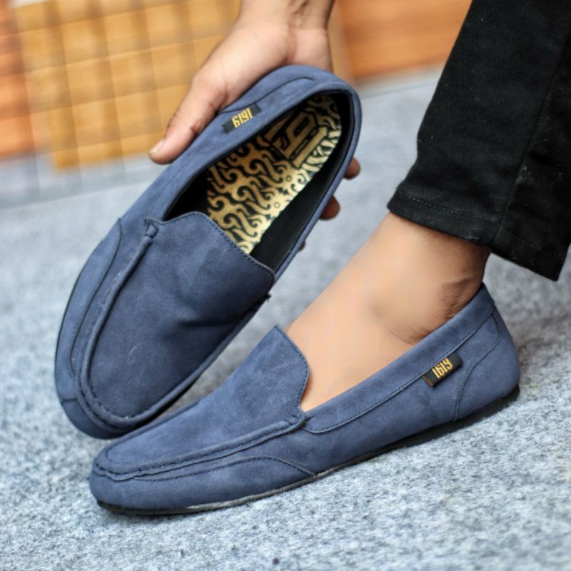 MODMEX NAVY Sepatu Pria Casual Spatu Slip On Slop Selop Kasual Santai Keren Murah Original Kulit Suede