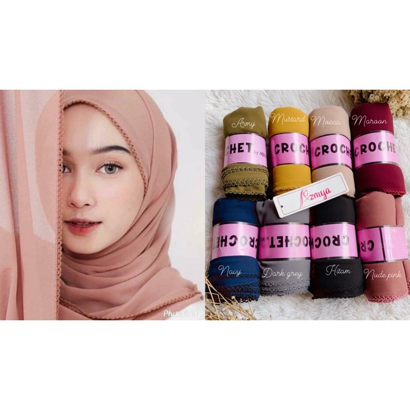 Pashmina Crochet 180cm x 70cm Ceruty Babydoll Picot Shawl Rajut Rapi