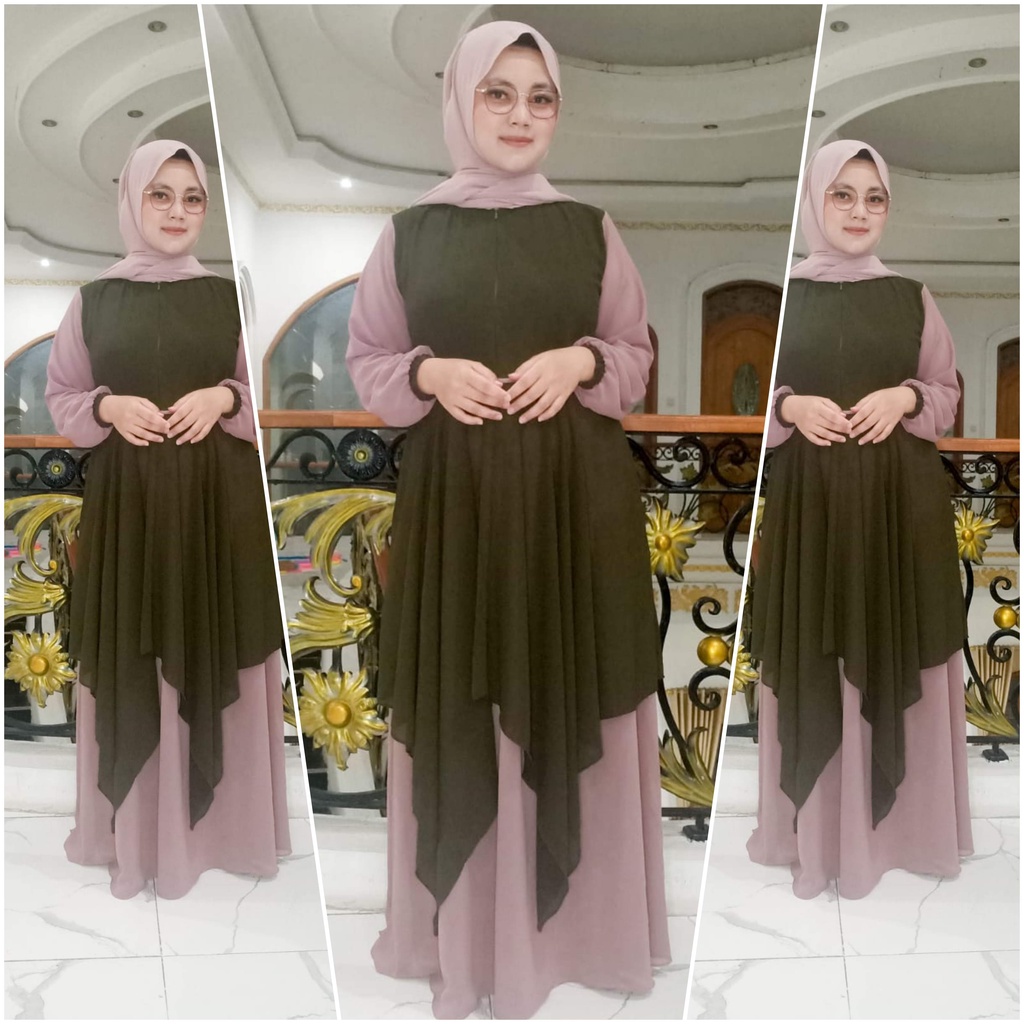 gamis ceruty rempel kombinasi /gamis syarii ceruty bebydoll umpak /gamis ceruty susun terbaru/abaya modern