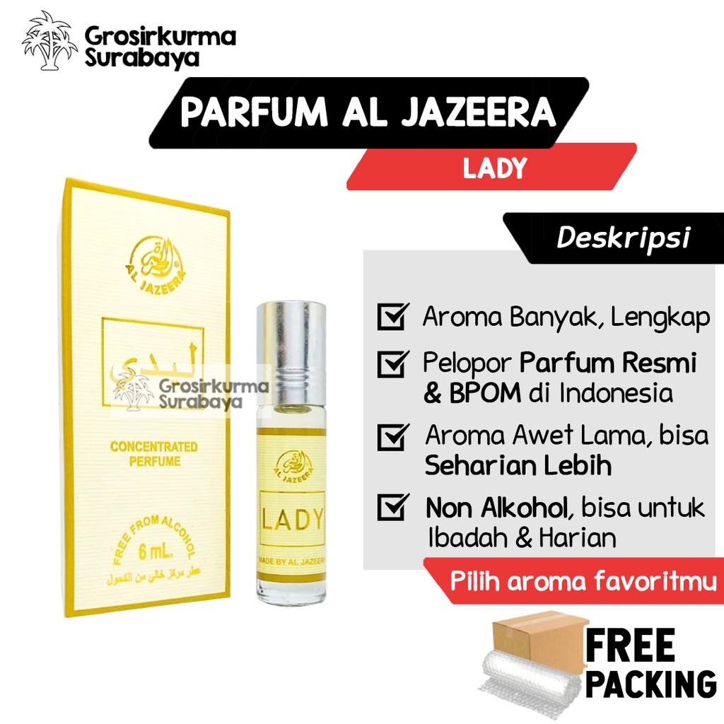 Parfum Al Jazeera LADY Aktifitas Harian Bebas Alkohol 6ml Sah Sholat Roll on Minyak Wangi Unisex