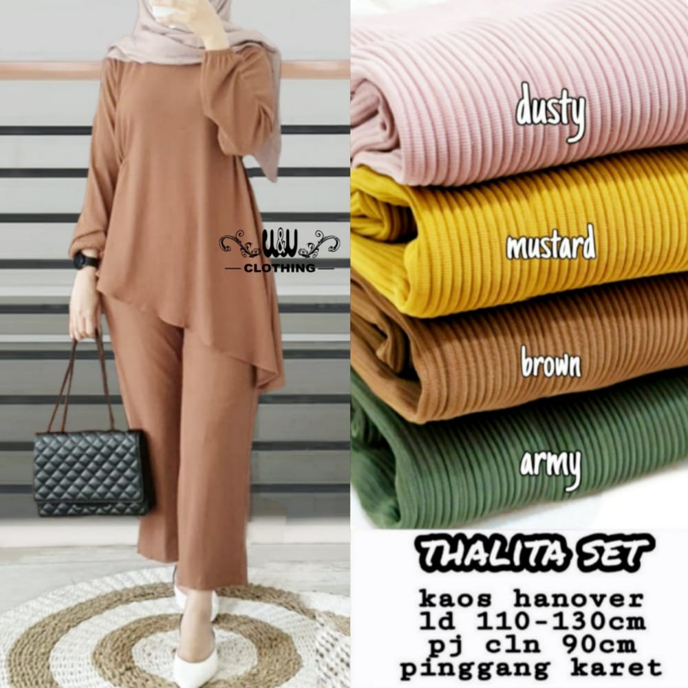 Thalita One Set Setelan Wanita Kaos Rajut Jumbo Ld 120 130 Setcel Muslim Terbaru Celana Pinggang Kar