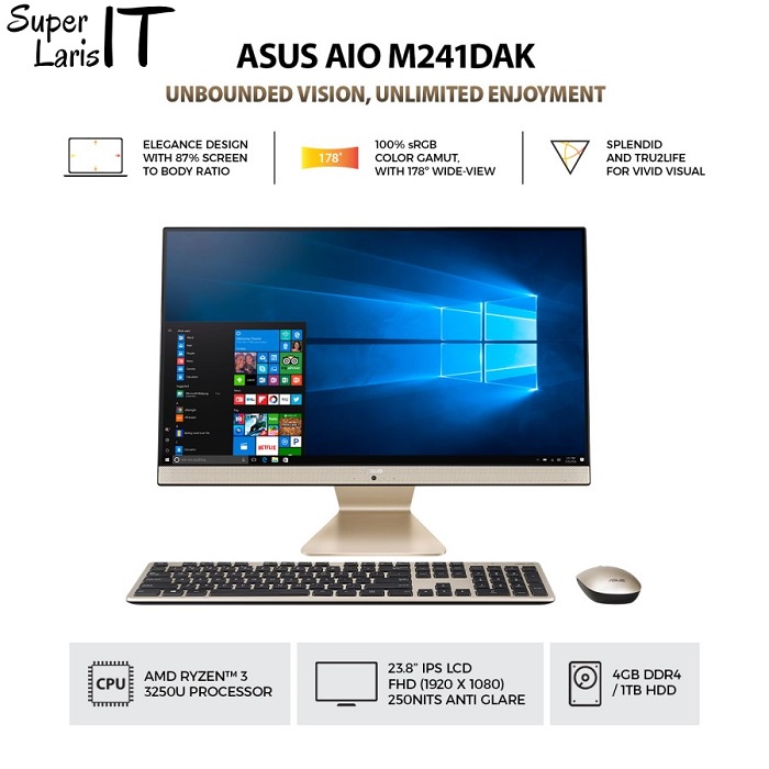 PC AIO Asus M241DAK BA341W Ryzen 3 3250U 4GB 1TB 23.8 IPS Key Mouse W11