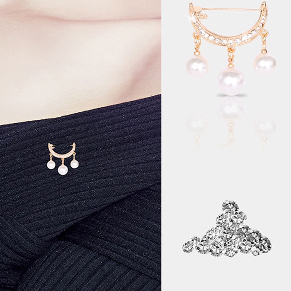 【COD Tangding】Bros Pin Desain Bulan Sabit Aksen Mutiara Berlian Serbaguna Antinaked Gaya Korea Untuk Kardigan
