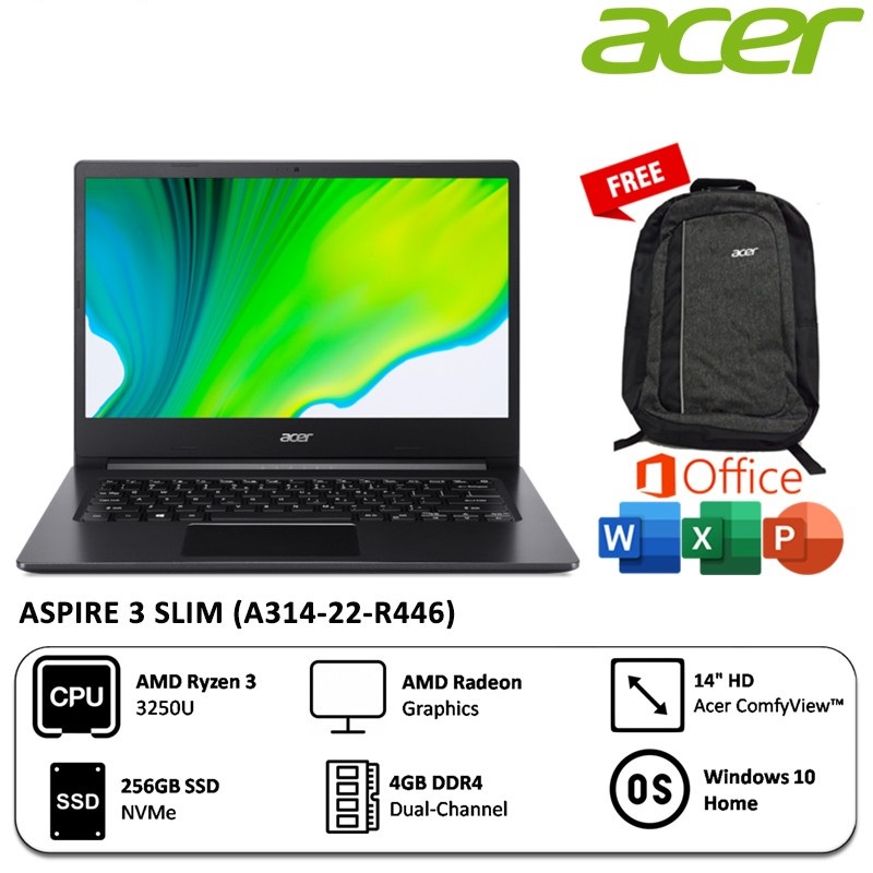 Laptop ACER Aspire 3 Slim (A314-22-R446 AMD RYZEN 3-3250U 2.6Ghz 4GB 256SSD 14"Inch FHD)