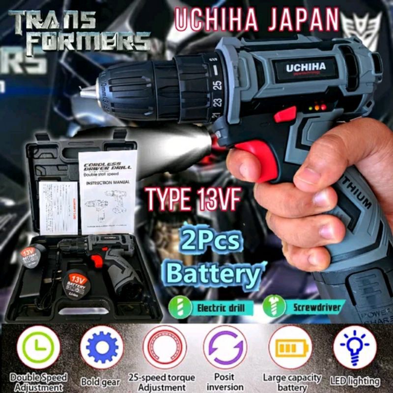 Bor Baterai 13 vf Uchiha , Bor Cordless 10mm Fullset Aksesoris Canggih