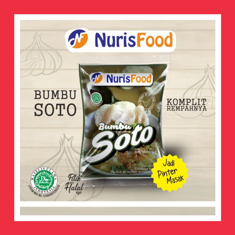 

NurisFood Bumbu Soto Instan Citarasa Istimewa terbuat dari bahan alami rempah-rempah asli dari tanah air Indonesia seperti bawang merah bawang putih cabai lada jahe lengkuas ketumbar jintan daun jeruk daun salam garam gula dengan kemasan yang bagus & baik