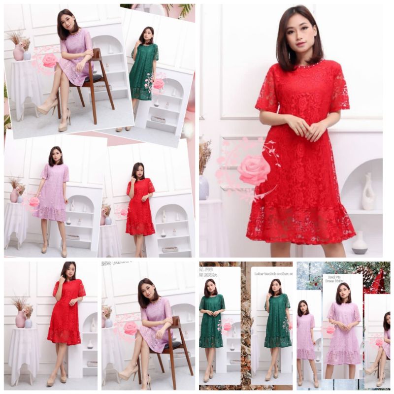 DRESS CEWEK MEWAH SIMPEL  DRES WANITA  BRUKAT IMPORT PARTY DRESS KE GEREJA NATALAN HARI RAYA gaun le