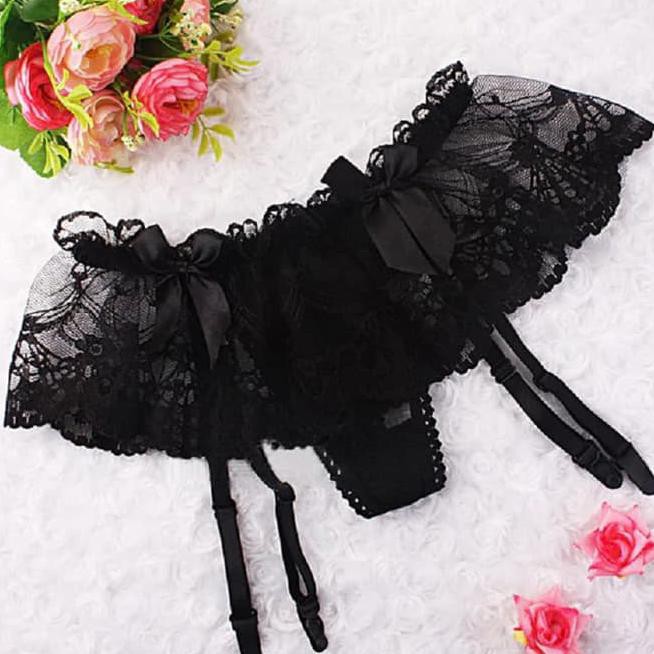 Garter Penjepit Stocking Lingerie Cd Thong Hitam Renda Transparan