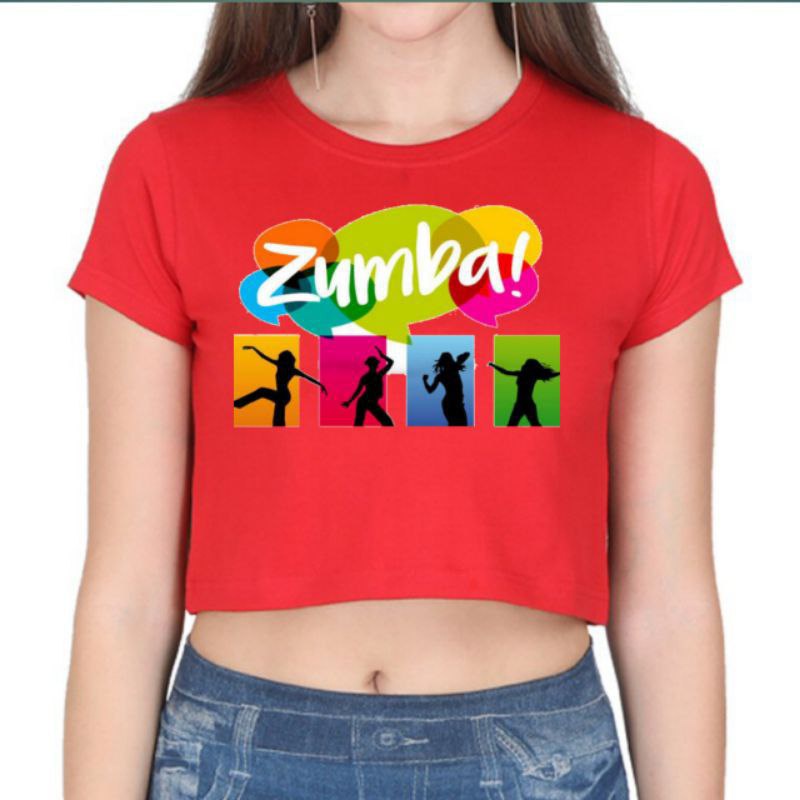 Clothing May - Kaos Crop Top Zumba Merah Kekinian Kaos Distro Croptop Atasan Krop Top Wanita Cewek Viral