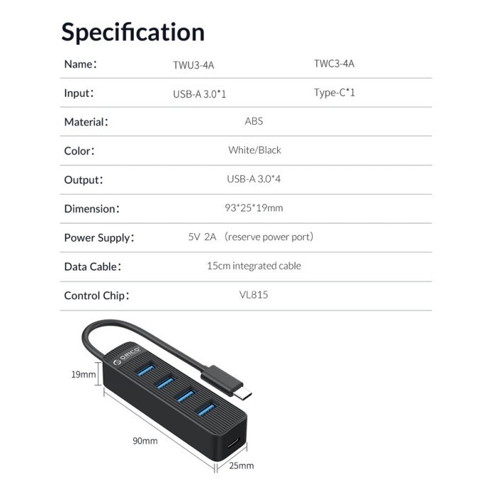 Type-c to Usb-A 3.0 hub orico 4 port mini with pd Usb-c twc3-4a - Terminal usb3.0 4 slot 5Gbps