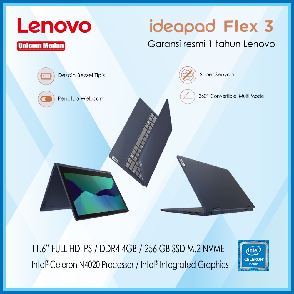 LAPTOP LENOVO IDEAPAD FLEX 3 Intel N4020/ 4GB DDR4/ 11.6&quot; FULL HD IPS/256 SSD