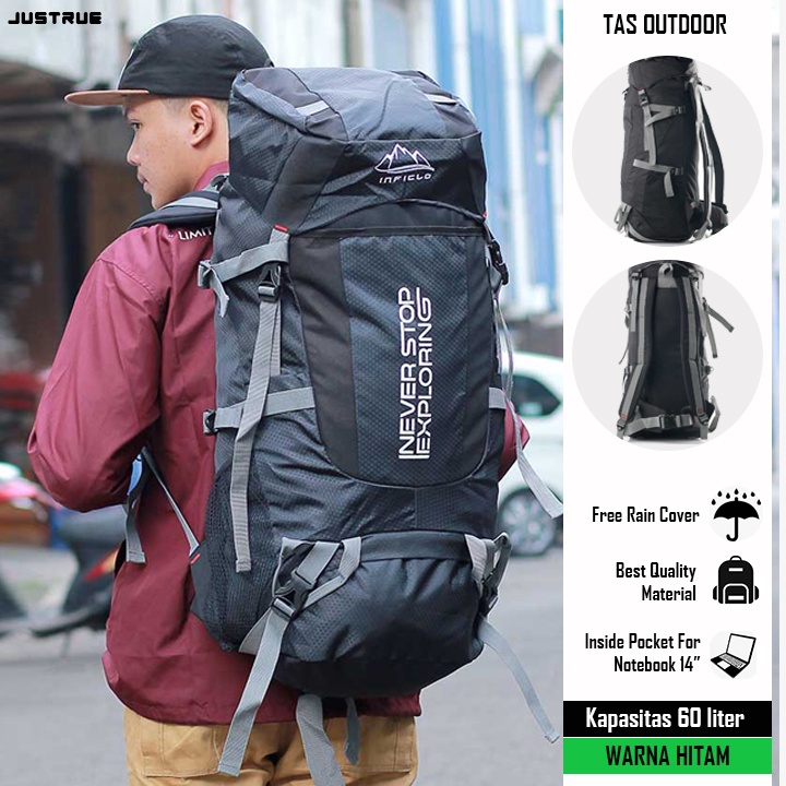 Justrue Tas Gunung Carrier 60 Liter Ransel Keril 60L Hitam 633