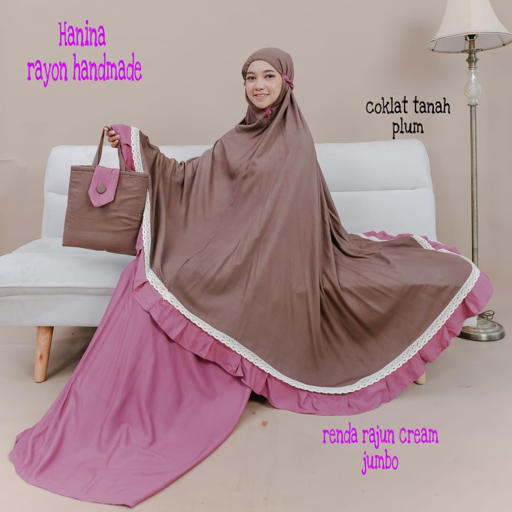 Mukena Hanina Rayon Bawahan Plum Atasan 5 Variasi Warna Renda Rajut Cream Jumbo Handmade Bali Polosan Mukenah High Quality - Dewasa