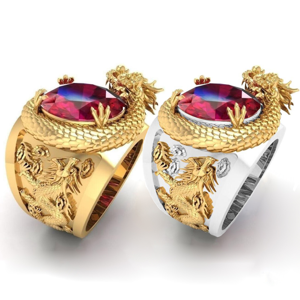 Cincin Ruby Naga Perak Emas 18K Baja Titanium Permata Kristal Merah Berlian Fashion Perhiasan Pria Wanita Punk Rings