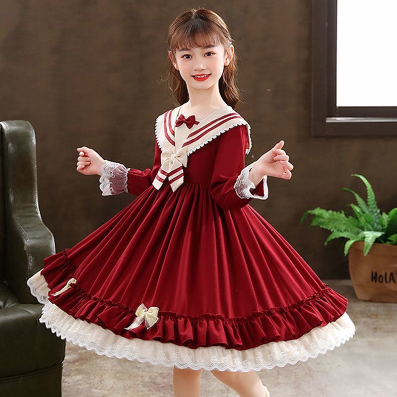 Girls dress autumn 2021 new children's princess skirt Lolita foreign style bow long sleeve girls ski