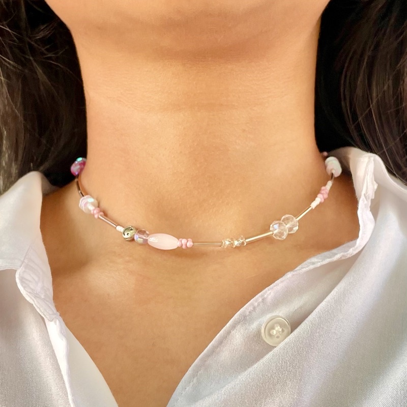 Pink smiley beaded choker / beads necklace / kalung manik