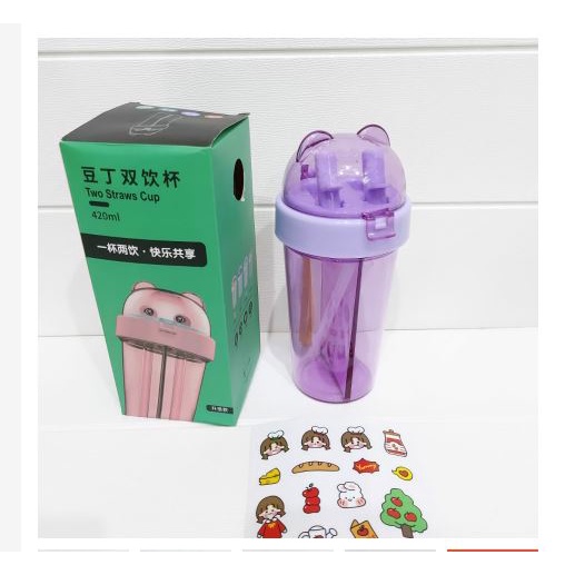 BOTOL MINUM 2 SISI KEPALA BERUANG- Botol minum 420ml 2 Sedotan - Botol Minum Dual Use  PLUS STIKER free Stiker