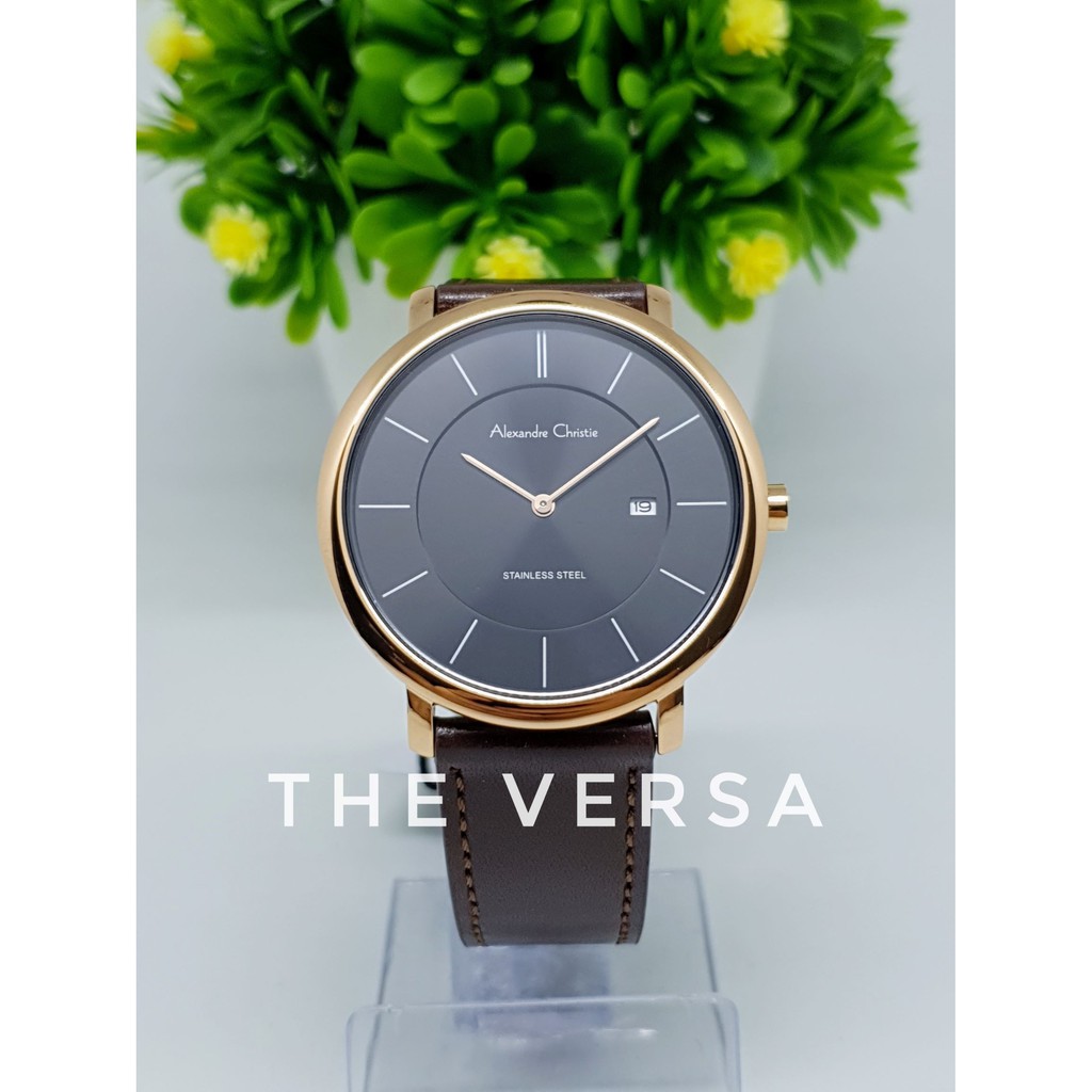Alexandre Christie AC 8589 Jam Pria Kulit Brown Rosegold Dial Black