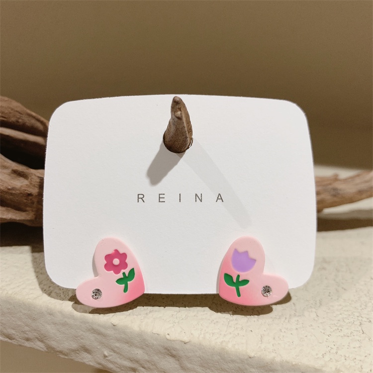 Anting Stud S925 Silver Bentuk Hati Bunga Tulip Warna Gradasi Pink Untuk Wanita