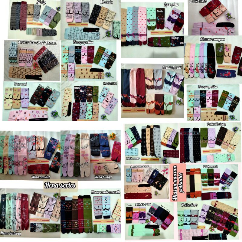 1 kodi (20 pcs pasang) kaos kaki motif  / kaoskaki jempol love polka bunga hena kotak spandek nylon