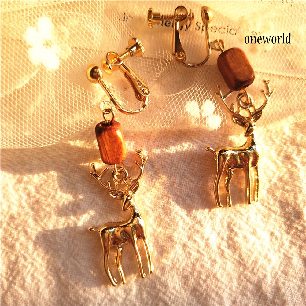 OW# Cute Women Elk Dangle Drop Ear Stud Clip On Earrings Christmas Jewelry Gift