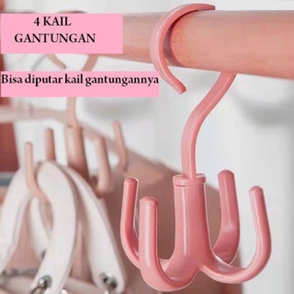 Gantungan 4 Kait Serbaguna Gantungan Putar 360 / Derajat Hanger Lemari Pakaian Sepatu Tas Hook 4 Kait