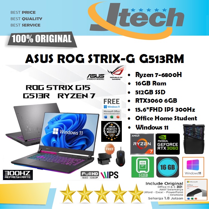 ASUS ROG STRIX G15 G513RM - RYZEN 7-6800H - 8GB - 512GB SSD - RTX3060 6GB - 15.6&quot;FHD 300Hz - WIN11 - OFFICE HOME STUDENT