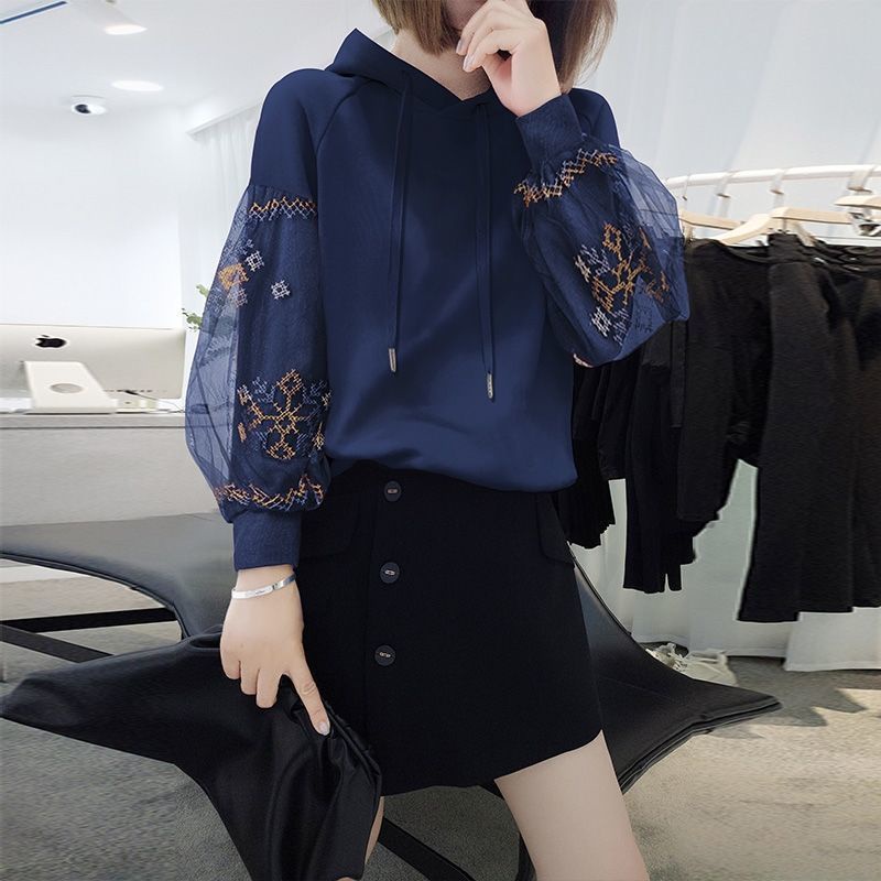 European station Lantern Sleeve printed Hoodie women's 2021 spring new European Korean loose fashion