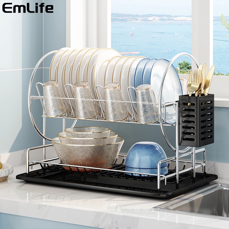 Rak Pengering Piring Stainless Rak Pengeringan Dapur Meja Dish Drainer Rack Cup Holder