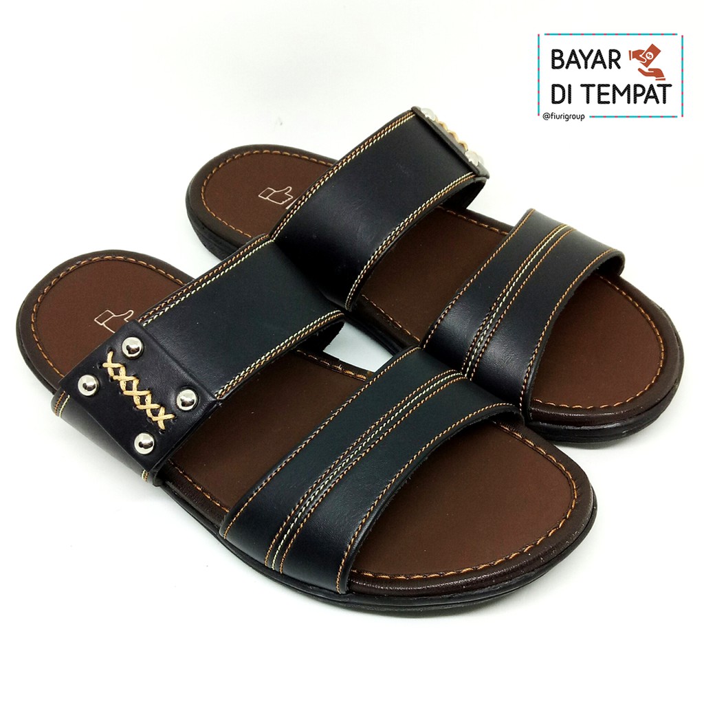 FIURI - Sandal Double Slip On Hitam - Sandal Pria Murah - Sandal Casual - Sandal Pria Kulit