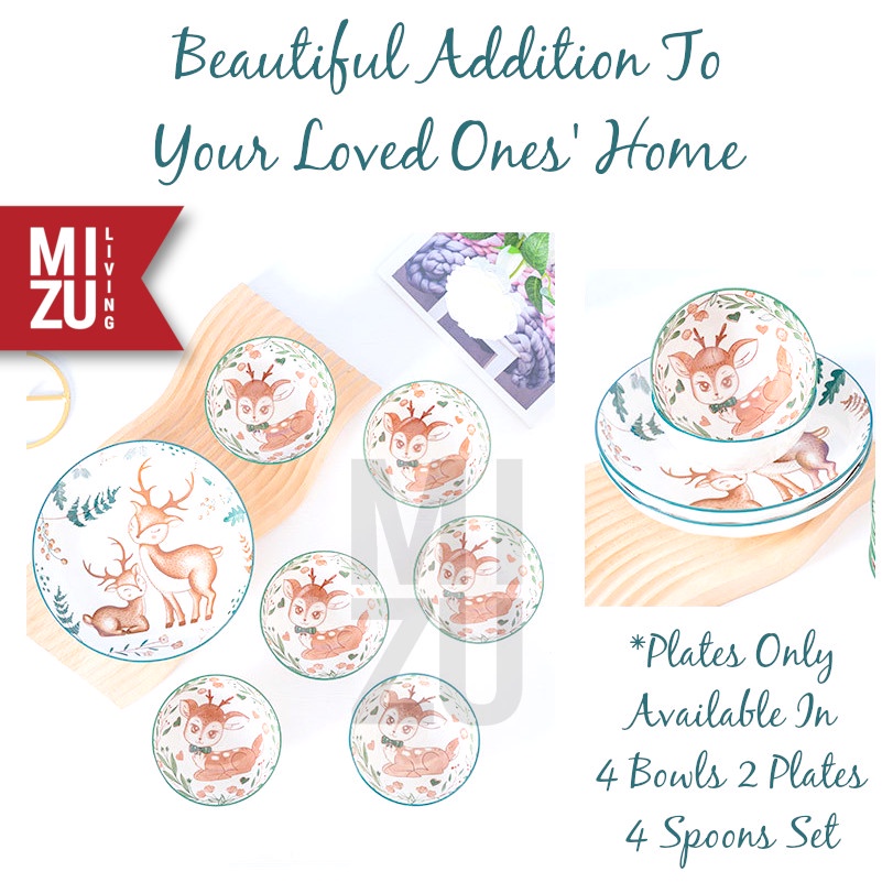 MIZU HAPPY LIFE 10in1 SET 4 Bowls 2 Plates 4 Spoons Mangkok Keramik Piring Sendok Ceramic Gift Set