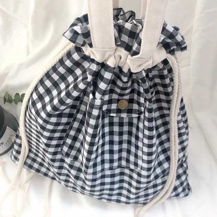 AC TBDSCK Drawstring Linen Canvas Drawstring Tote Bag Tas Serut Jinjing Bahu Kanvas Motif Kotak Oke 