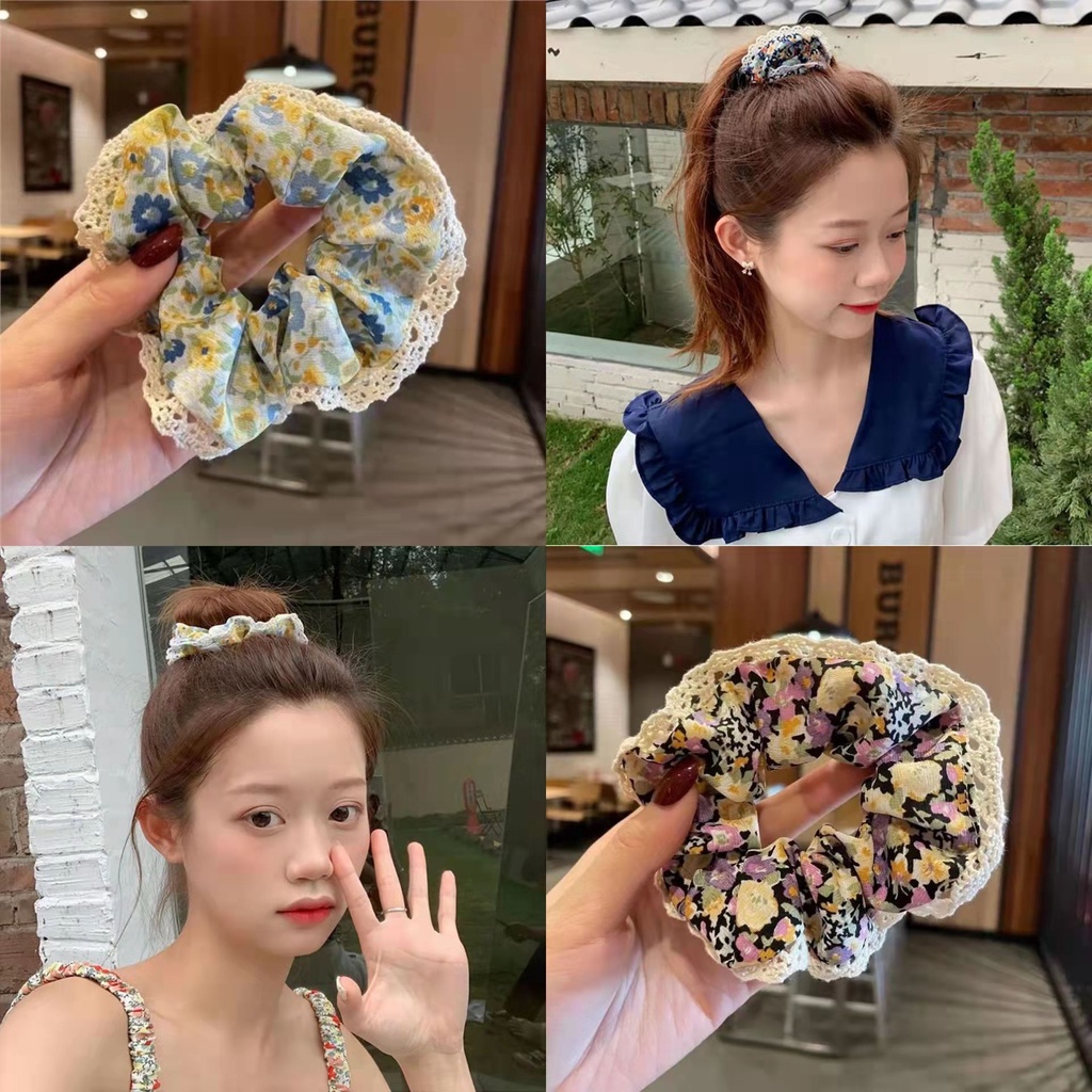 Srunchie Wanita / Ikat Rambut Korea Wanita Elastis Motif Bunga Fashion Import