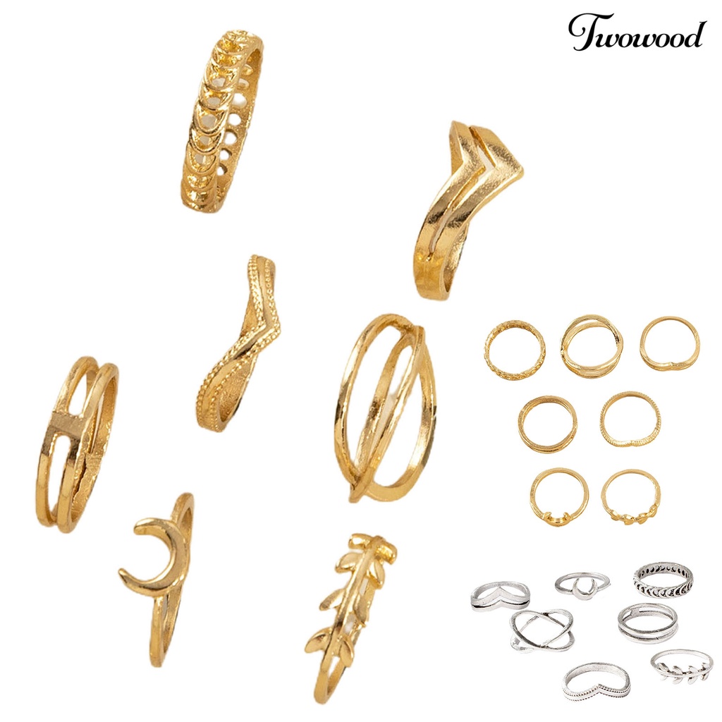 7pcs / Set Cincin Jari Warna Solid Gaya Vintage Untuk Wanita