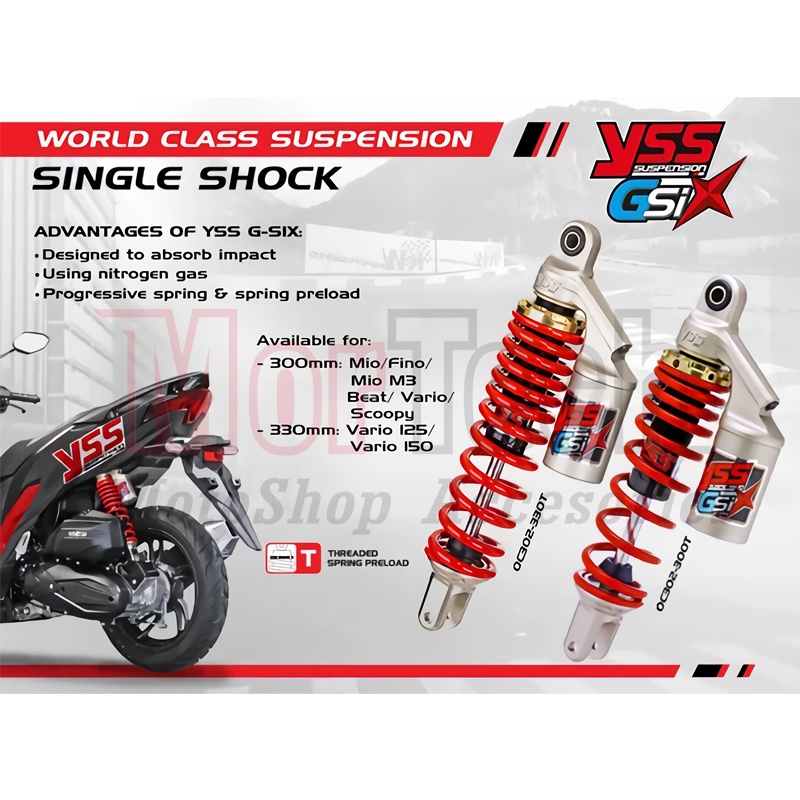 Shok Shockbreaker Shock Tabung New YSS GSix BEat FI Scoopy Vario 110 Mio M3 Xeon Fino 300mm 30 cm Or