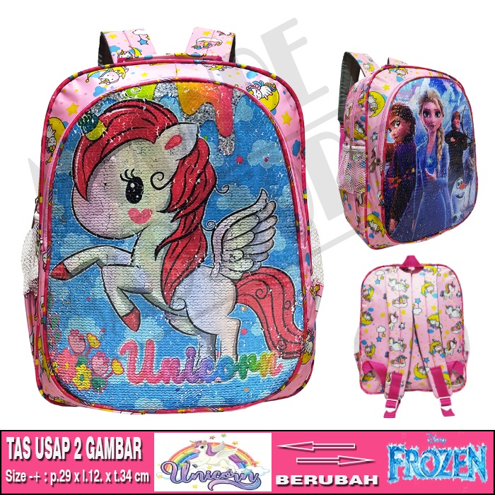 Tas ransel usap Sequin 2 gambar Anak sekolah SD karakter LOL UNICORN HELLO KITTY PONY FROZEN